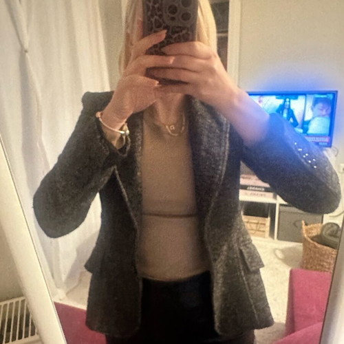 Zara wool blazer used, brown herringbone pattern