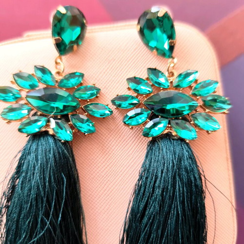 Zara earrings with tassel and stones green and gold like new