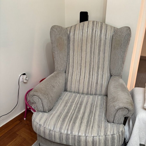 Living room furniture set used, 3-seater, 2-seater and armchair, classic style, grey striped fabric