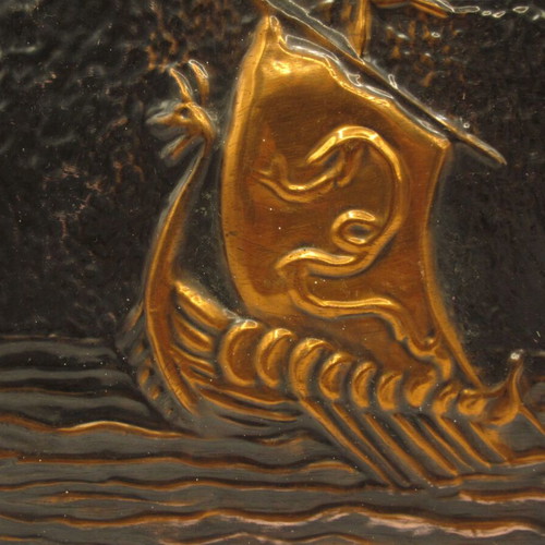 Copper panel with Viking ships like new, vintage wall decoration