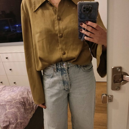 Vintage shirt mustard gold satin fabric with 70's collar used