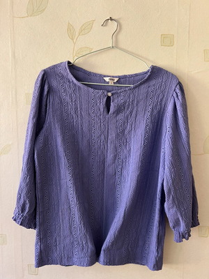 Blouse A-Style blue and purple with shiny neckline accent size S like new