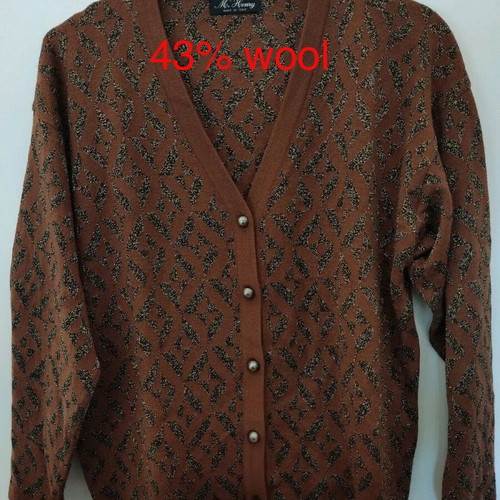 Vintage wool cardigan sweater used, brown with gold thread