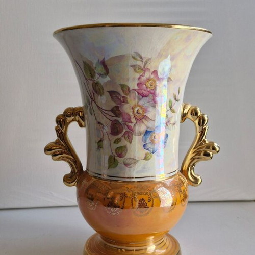 Porcelain vase vintage with floral and gold decorative elements