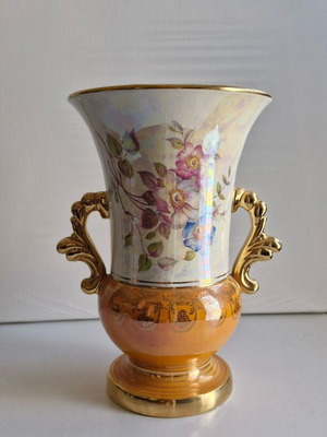 Porcelain vase vintage with floral and gold decorative elements