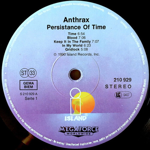 Anthrax Persistence of Time vinyl record used, metal