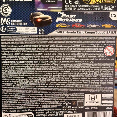 Hot Wheels Premium 1993 Honda Civic Coupe EX EJ1 Fast and Furious