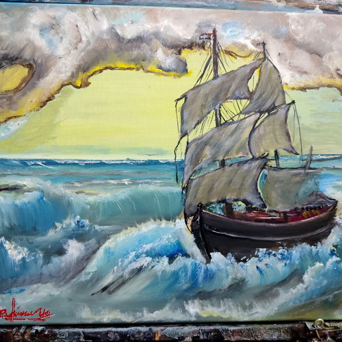 Sailing ship in stormy sea oil painting