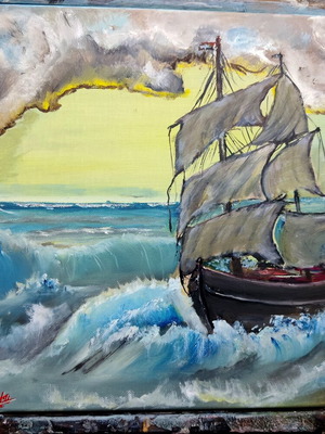 Sailing ship in stormy sea oil painting