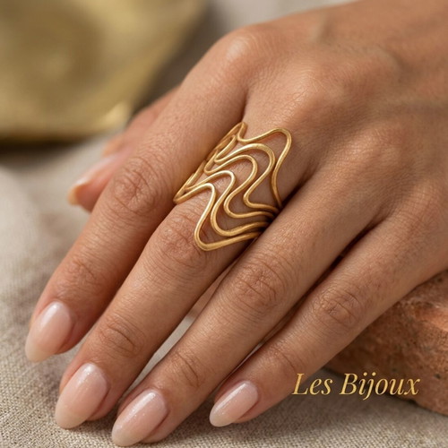 Steel Gold Wave Ring Adjustable by Les Bijoux