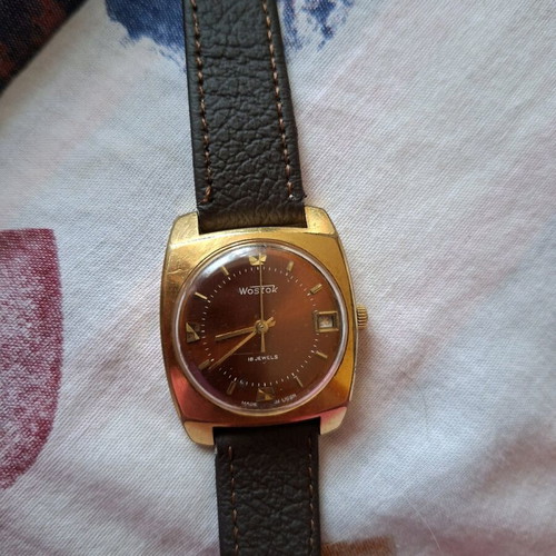 Wostok gold-plated mechanical watch used, brown and gold