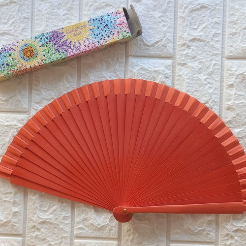 Set of 2 fans new, colorful and wooden with carving