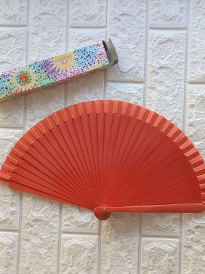 Set of 2 fans new, colorful and wooden with carving