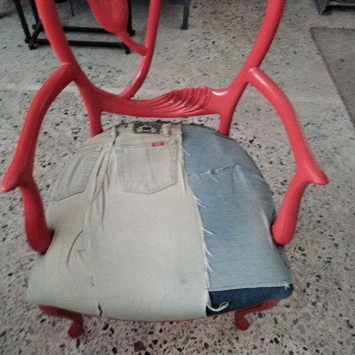 Vintage chair set with denim patchwork upholstery, 2 pieces