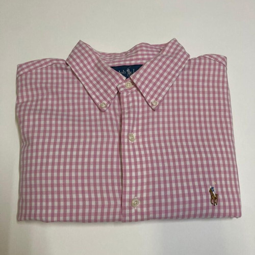 Ralph Lauren Oxford shirt XL, pink and white checked, short sleeve, colored pony