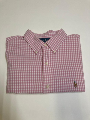 Ralph Lauren Oxford shirt XL, pink and white checked, short sleeve, colored pony