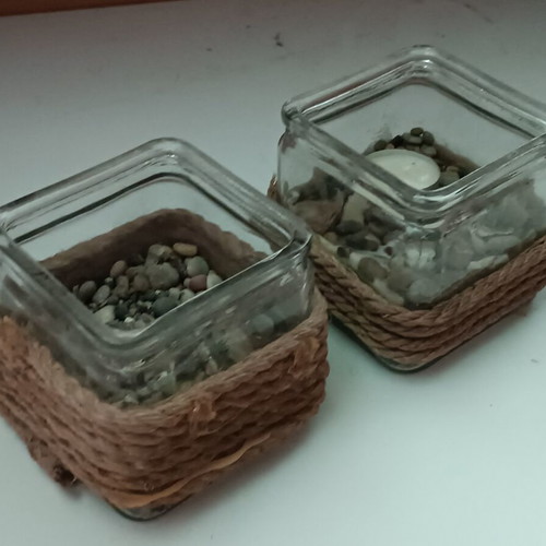 Handmade glass tealight candle holders, set of 2, jute rope