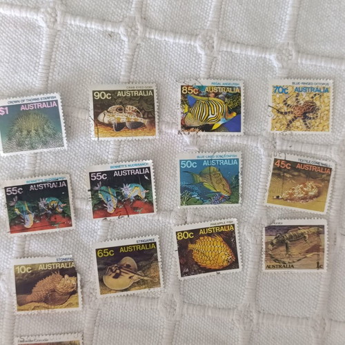Australian stamps used, pack of 13, marine life and reptiles 1980s