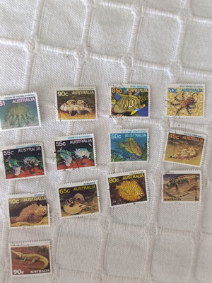 Australian stamps used, pack of 13, marine life and reptiles 1980s