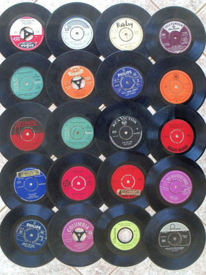 Vinyl 45 RPM record collection used, 20 pop/rock vintage hits