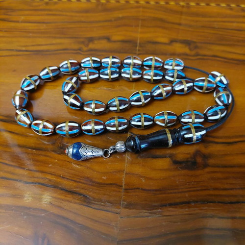 Old Egyptian Worry Beads from Kouk Wood with 33 Beads and Inlays, New