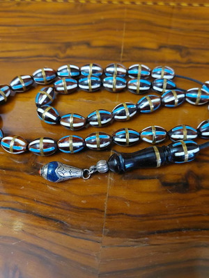 Old Egyptian Worry Beads from Kouk Wood with 33 Beads and Inlays, New