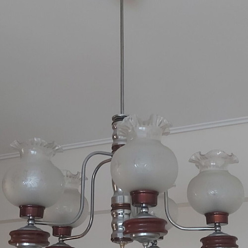 Φωτιστικό οροφής vintage 70s 5φωτο με inox σκελετό και ξύλινα στοιχεία