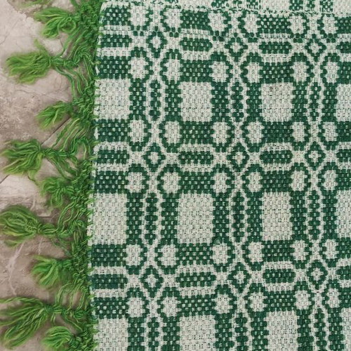 Handwoven Blanket with Traditional Green and Cream Pattern, Like New