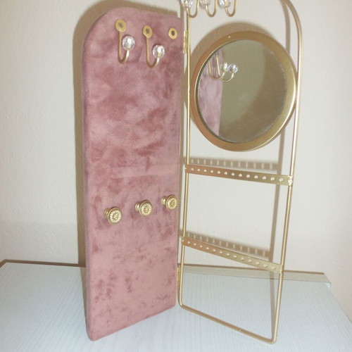 Jewelry Stand with Metal Frame and Round Mirror used, gold color