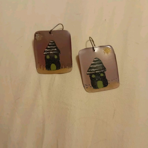 Square women's earrings with night house painting and silver hook new