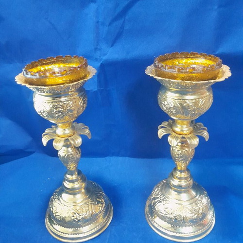Set of gilded altar candles new for holy table
