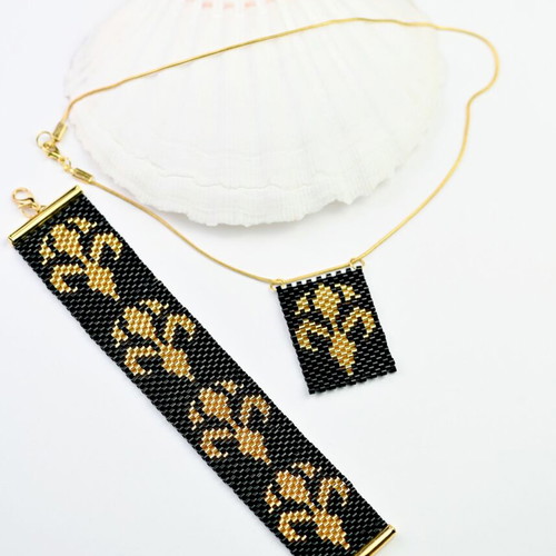Golden Iris necklace and bracelet custom made, black and gold