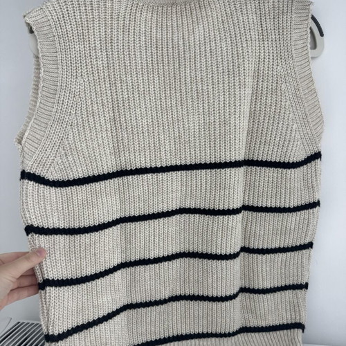 Knitted sleeveless vest with zipper and stripes size S like new, beige and black