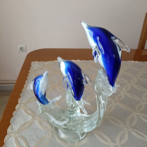 Glass decorative dolphins in blue shade like new