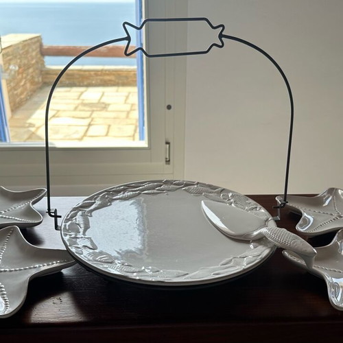 Ceramic serving set new with sea theme, platter and 4 small plates