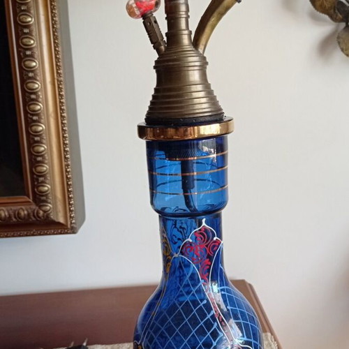 Vintage handmade table lamp with thick blue glass and brass, like new
