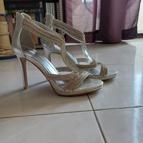 Silver high-heeled sandals, size 37