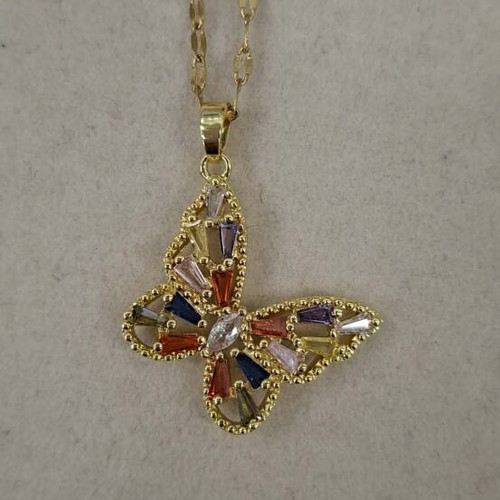 Gold necklace with butterfly and multicolor rhinestones like new