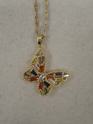 Gold necklace with butterfly and multicolor rhinestones like new