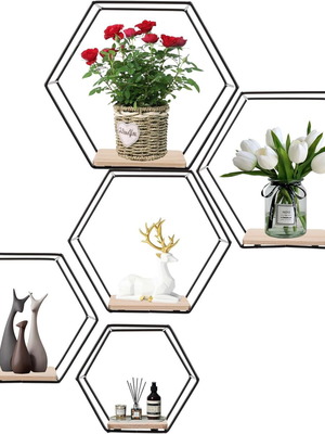 Σετ 5 εξαγωνικά ράφια τοίχου σαν καινούργια, μέταλλο και ξύλο