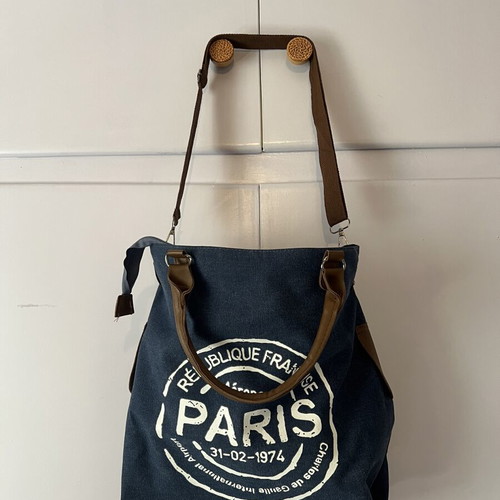 Vintage-style canvas tote bag shoulder, new, white and blue