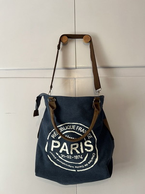 Vintage-style canvas tote bag shoulder, new, white and blue