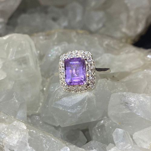 Silver ring with natural amethyst cut stone and moissanite, new