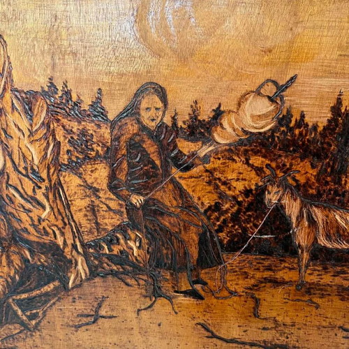 Vintage pyrography wall art with elderly woman and artist signature, 65x79