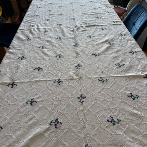Tablecloth new cotton embroidery with purple flowers for large table 260cm