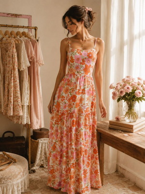 Maxi floral summer dress Parisian new, multicolor with adjustable straps