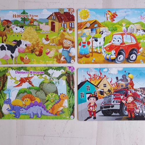 Children's puzzles 24 pieces set like new, farm dinosaurs fire truck