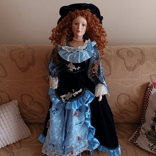 Vintage porcelain doll with velvet dress, large 80 cm
