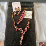 Necklace, bracelet and earrings set, pink and yellow