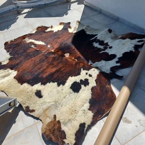 Cowhide rug used, cleaned, 2.20x2 m, natural brown-white pattern
